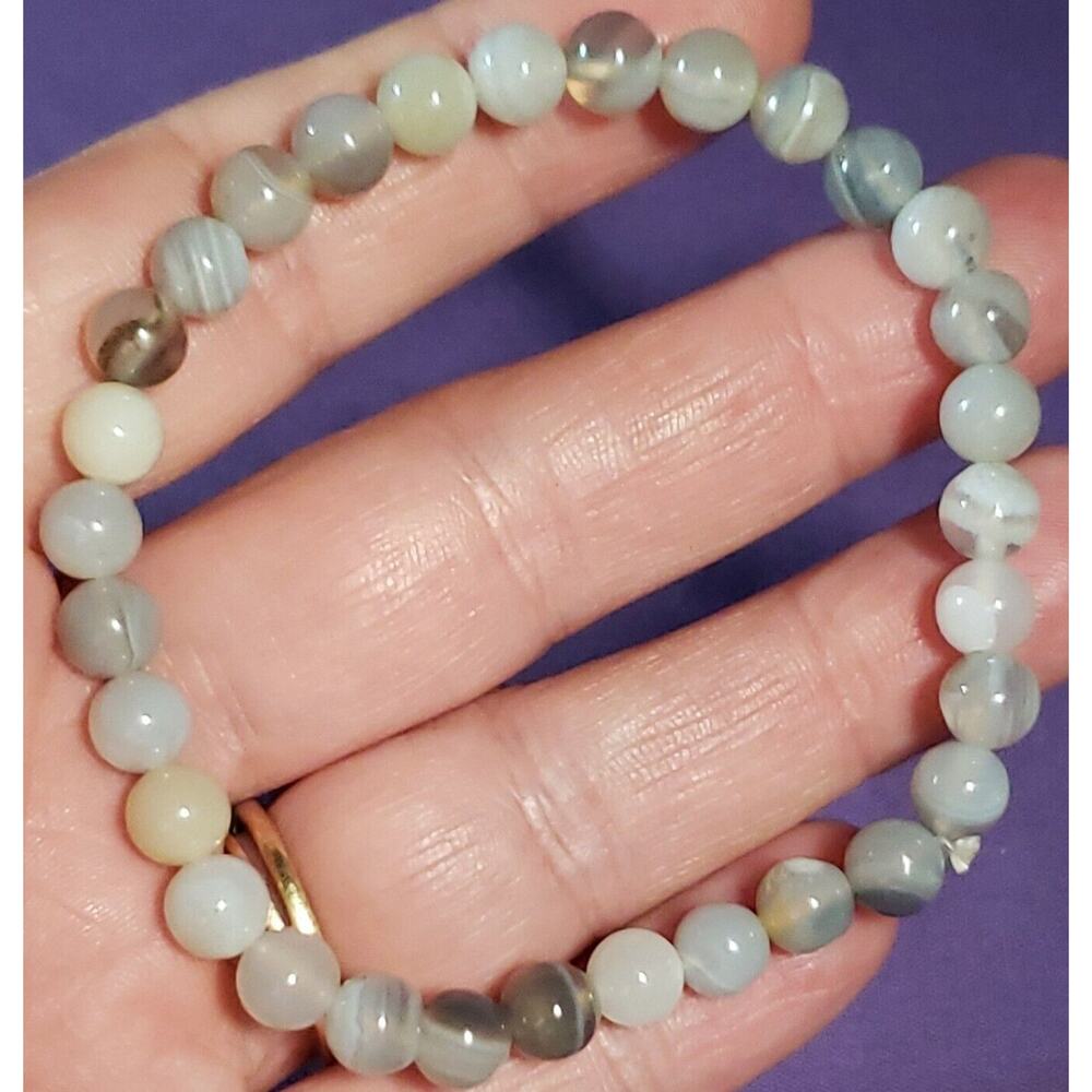 Beaded Stretch Bracelet Agate Stones, Natural Earthy Gray Tones Adjustable 6.5+